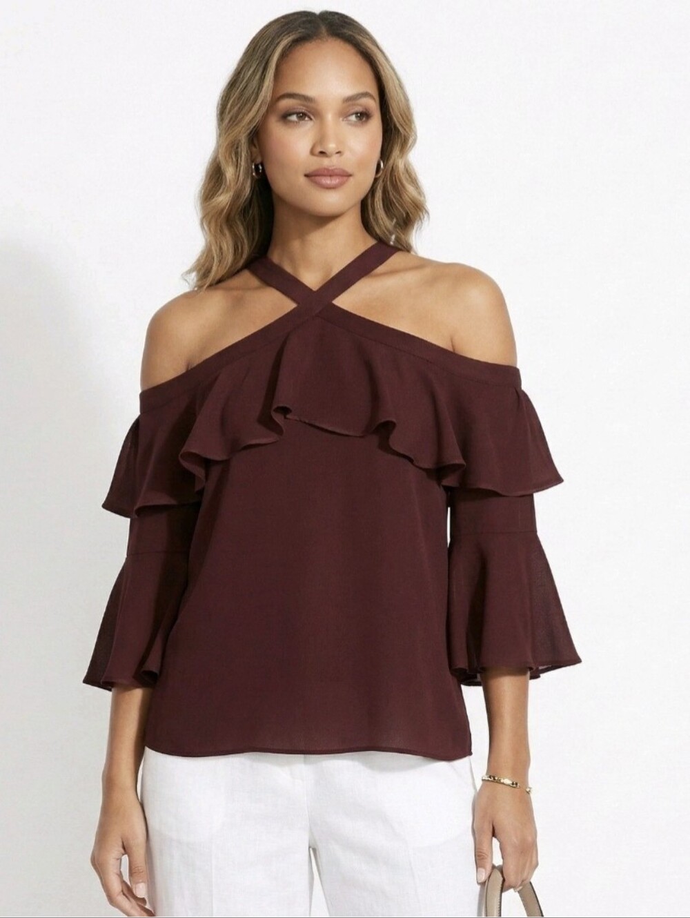 Loft Red Wine Off The Shoulder Cold Shoulder Halter Ruffle Blouse Top XS
